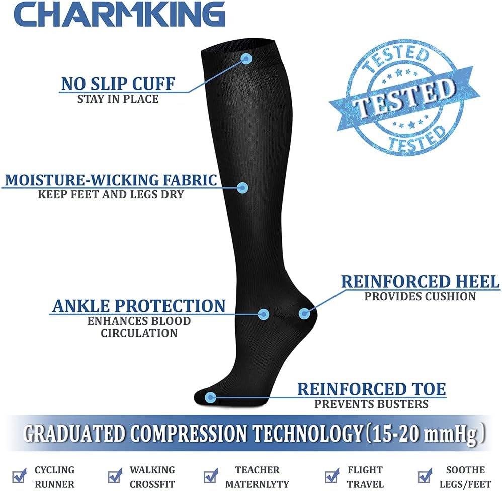 CHARMKING Compression Socks for Women & Men Circulation (8 Pairs) 15-20 mmHg is Best Support for Athletic Running,Hiking