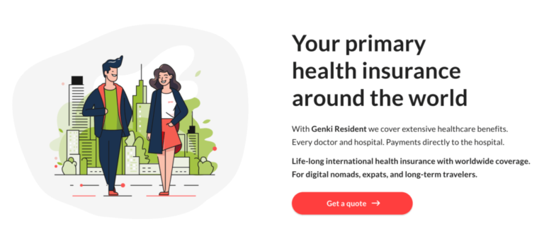 Illustration of two happy digital nomads standing in front of a modern cityscape, representing Genki Resident's global health insurance coverage for expats and long-term travelers