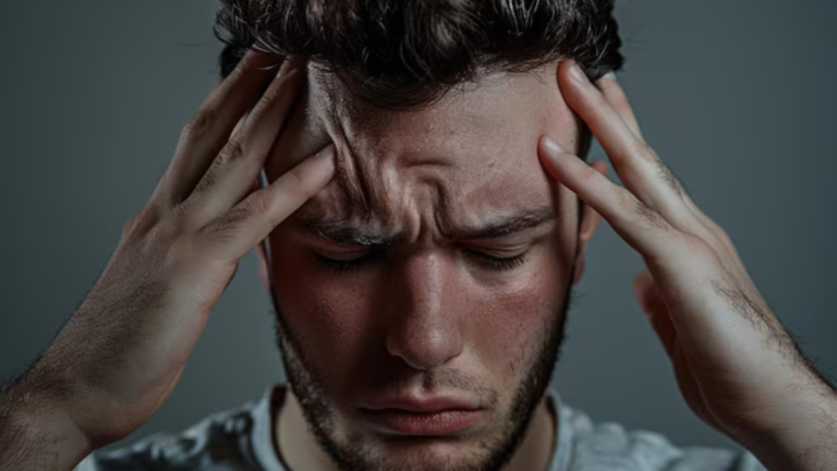 Stressed man holding his head with both hands, representing mental strain and brain health concerns.