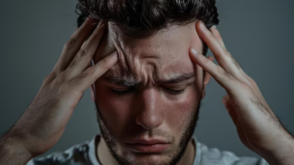 Stressed man holding his head with both hands, representing mental strain and brain health concerns.