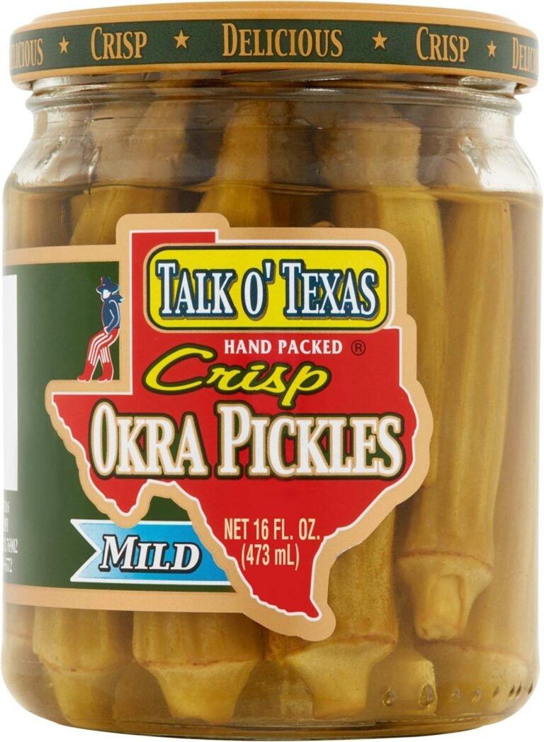 A jar of Talk O' Texas Crisp Okra Pickles, showcasing fresh okra, a great way to enjoy the benefits of okra water in a preserved form.
