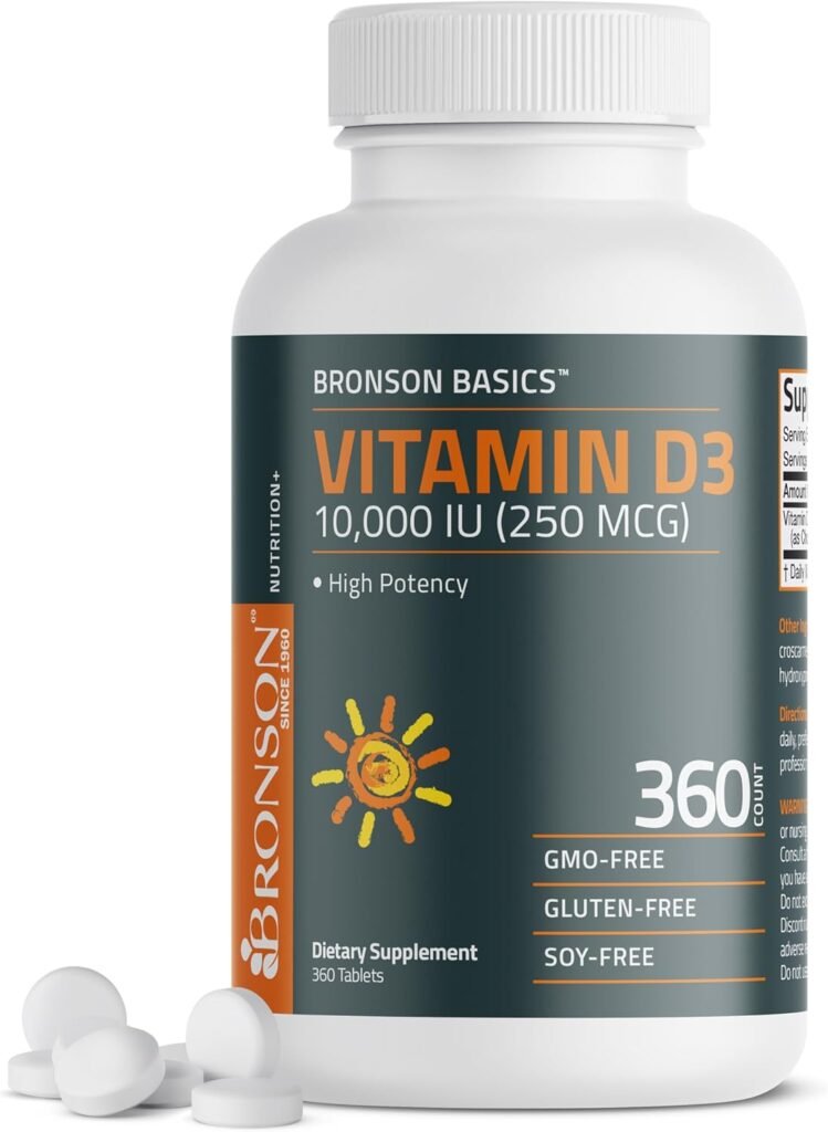 Bronson Basics Vitamin D3 10,000 IU high potency Vitamin D tablets bottle with 360 count – dietary supplement.